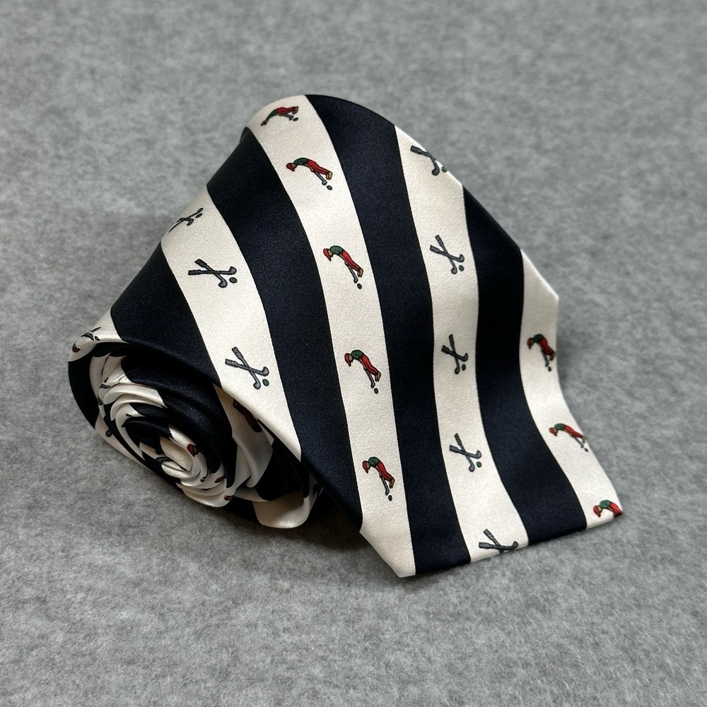 Sigorni Pure Silk Golf Novelty Tie Navy Cream Stripe Vintage Mens 55x3.6in